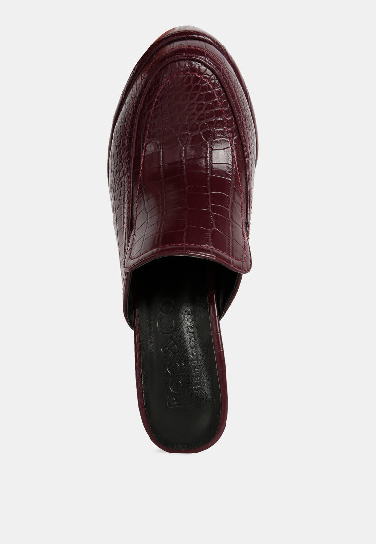 bauhaus croc pattern heeled platform mules by ruw#color_burgundy