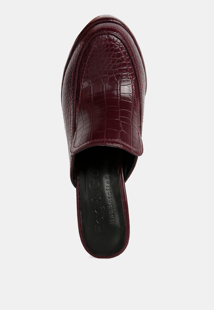 bauhaus croc pattern heeled platform mules by ruw#color_burgundy