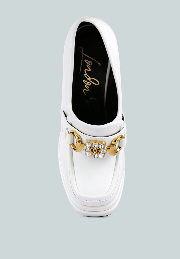 bratz horsebit diamante embellished chunky platform loafers by ruw#color_white