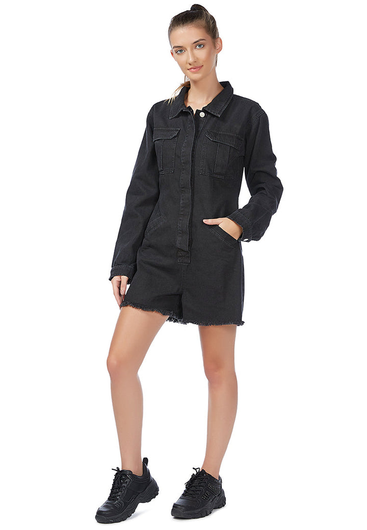 black all covered raw hem denim romper#color_black