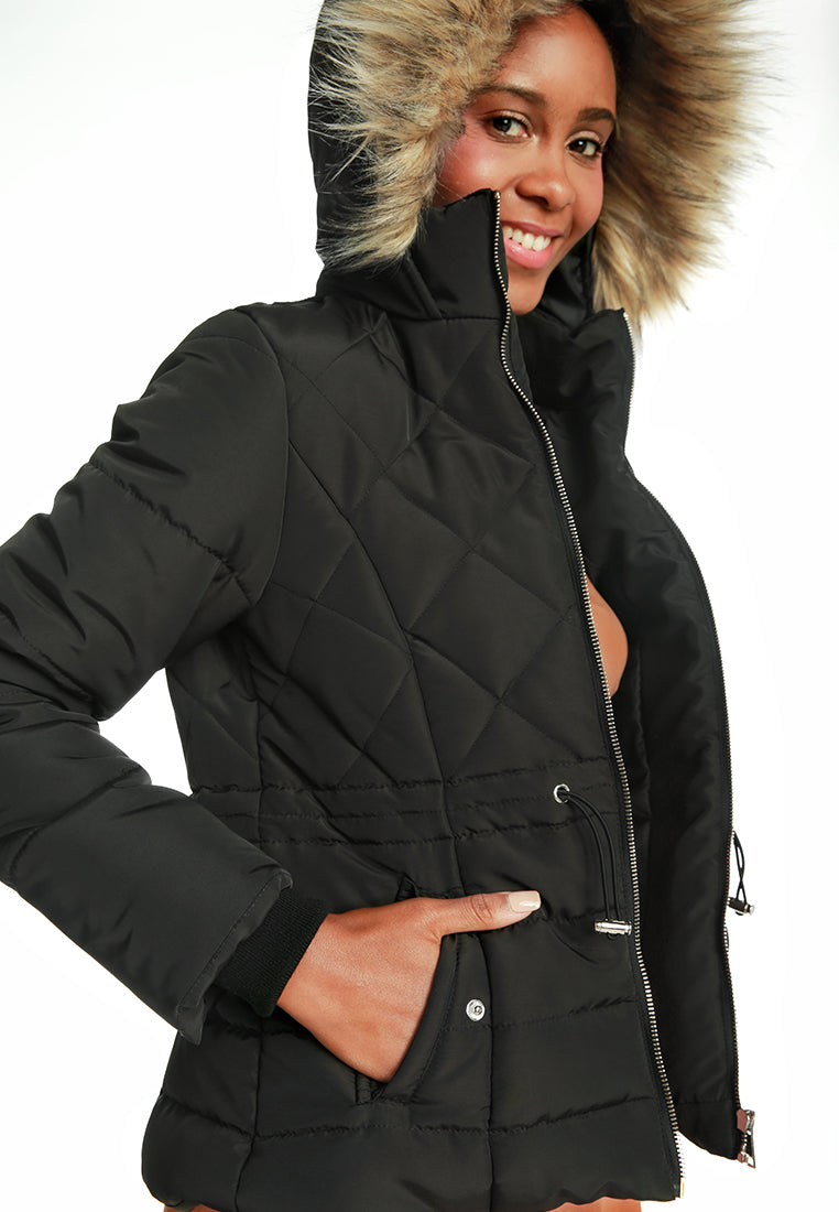 faux fur hooded puffer jacket#color_black