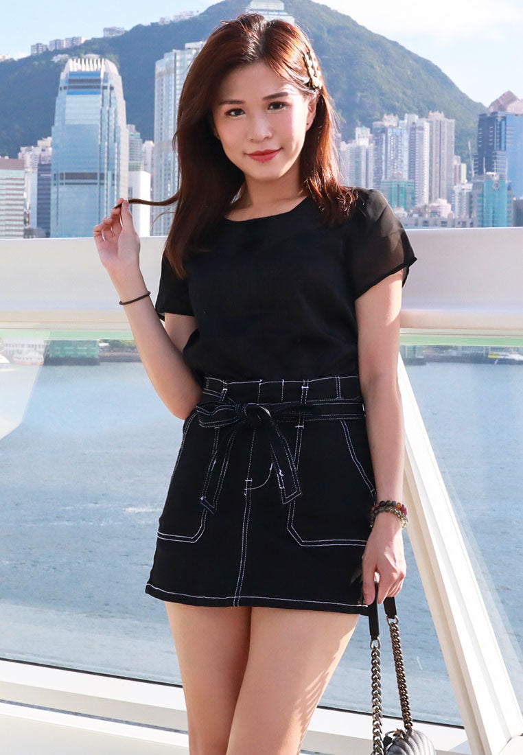 mini skirt with self-tie belt#color_black