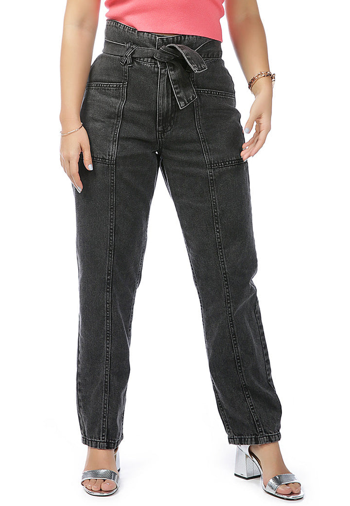 paper-bag denim trousers#color_black