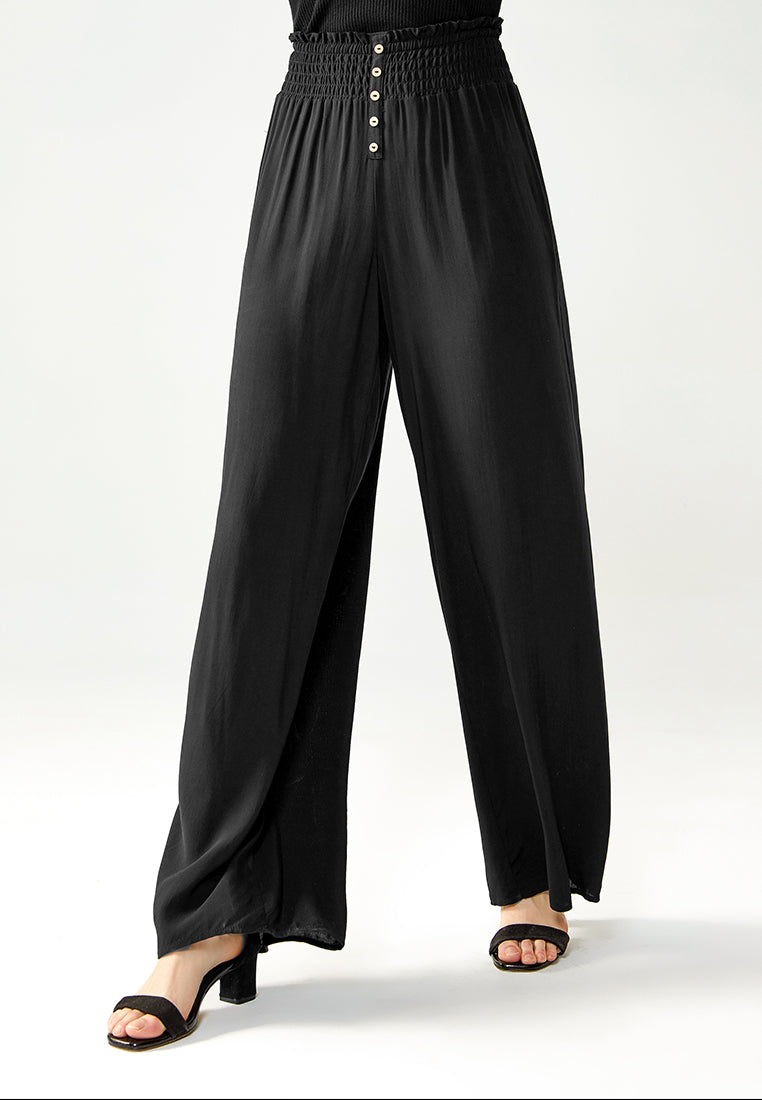 smocked wide waistband pants#color_black