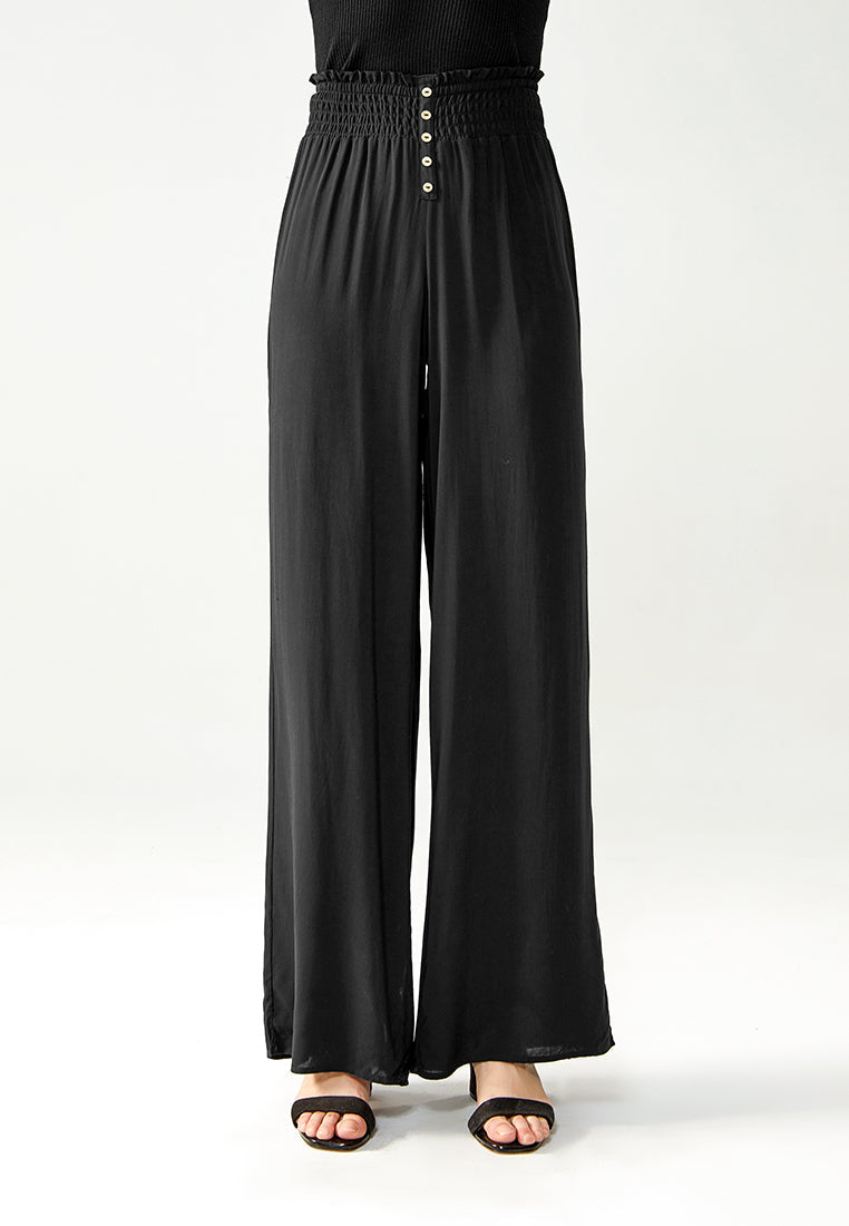 smocked wide waistband pants#color_black