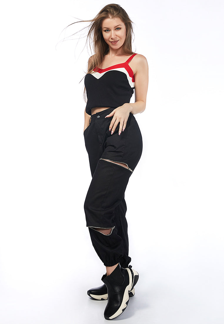 zipper closure slits dance track pants#color_black