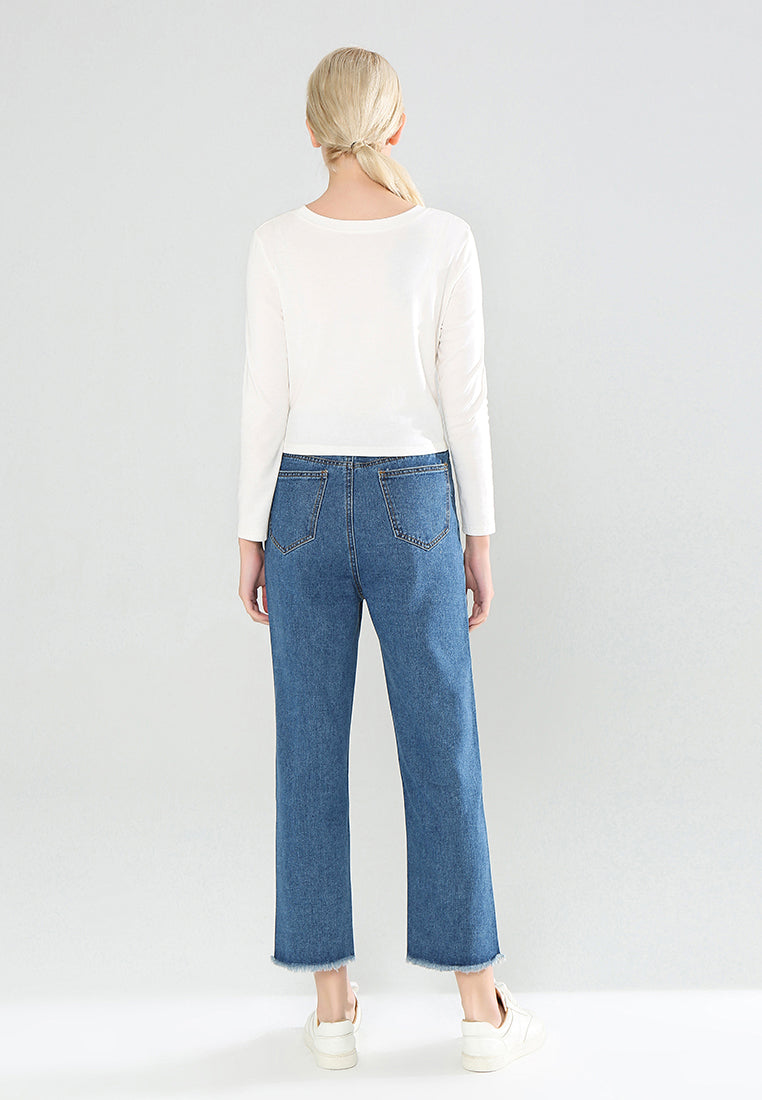 denim jeans with frayed bottom construction#color_blue