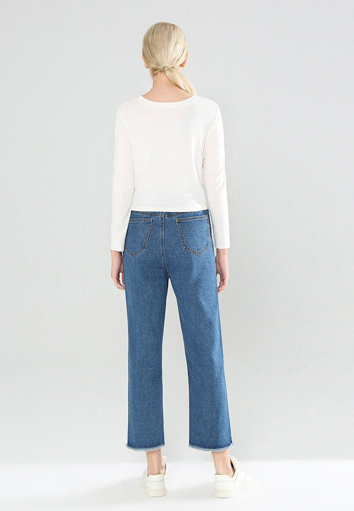 denim jeans with frayed bottom construction#color_blue