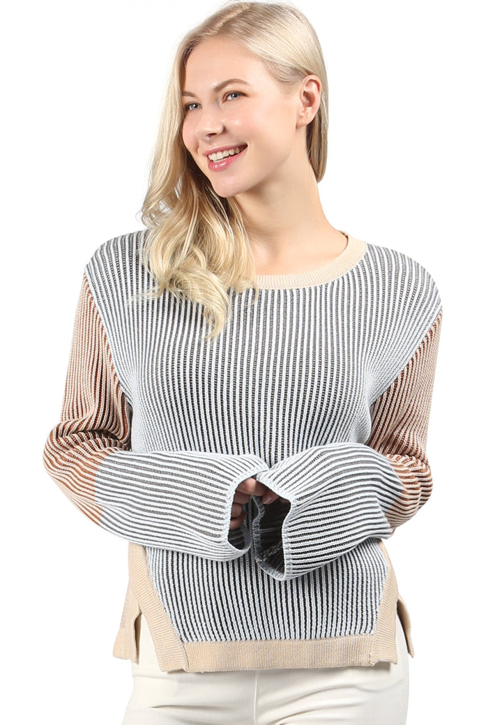 flare bell sleeve sweater#color_pale-blue-burgundy