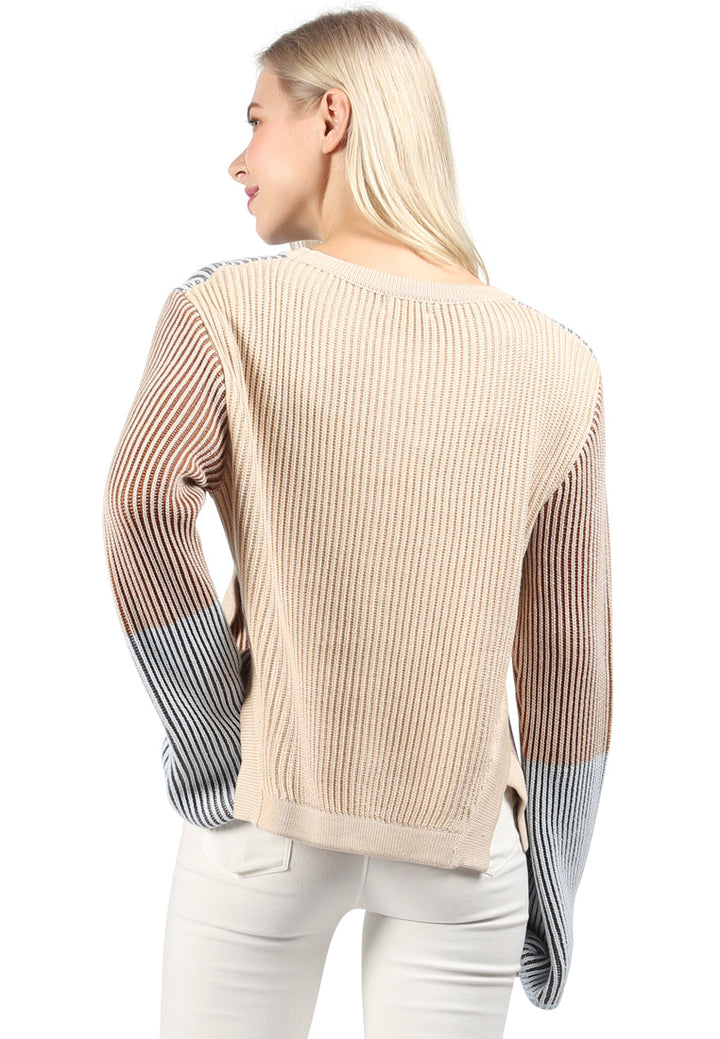 flare bell sleeve sweater#color_pale-blue-burgundy