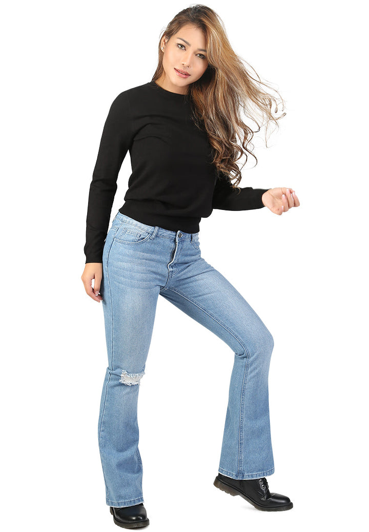 flared distressed jeans#color_blue