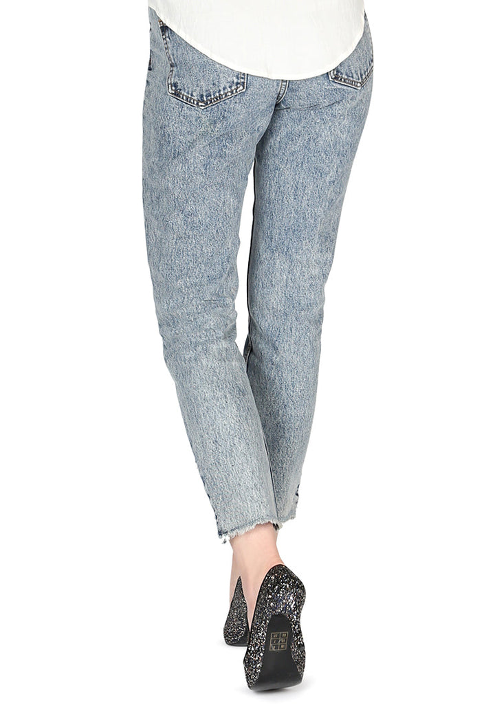 women tapered fit destroyed hem jeans#color_blue