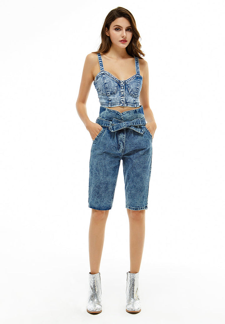 paper bag bow tie denim bicycle shorts#color_blue