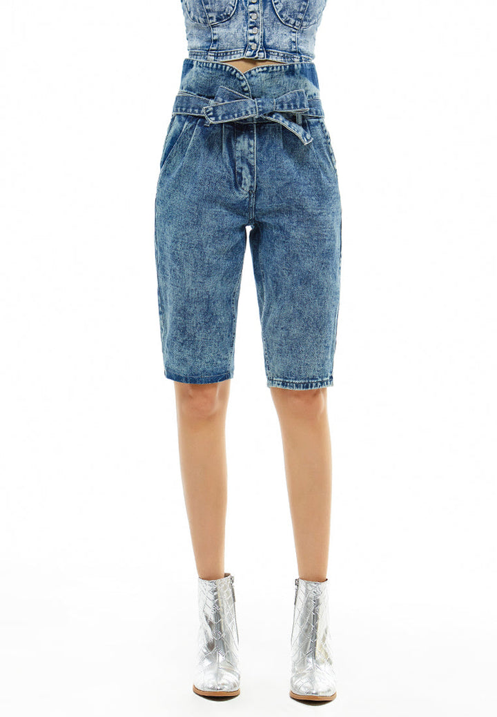 paper bag bow tie denim bicycle shorts#color_blue