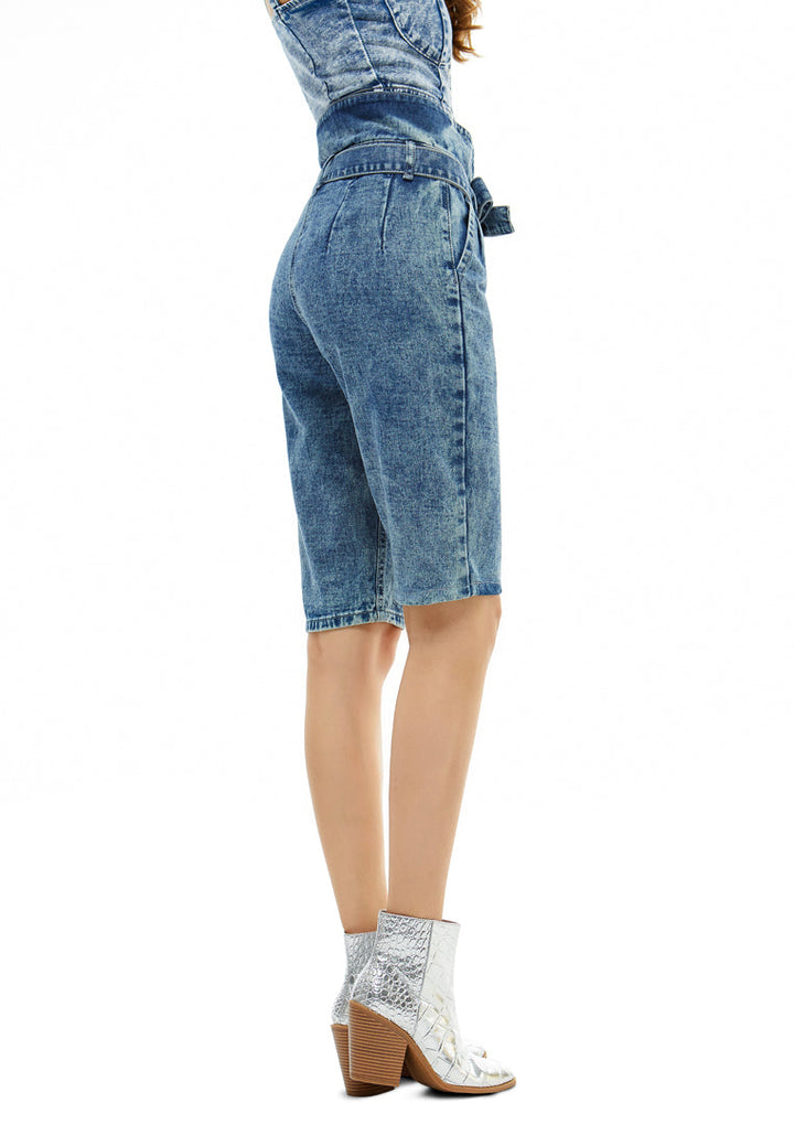 paper bag bow tie denim bicycle shorts#color_blue