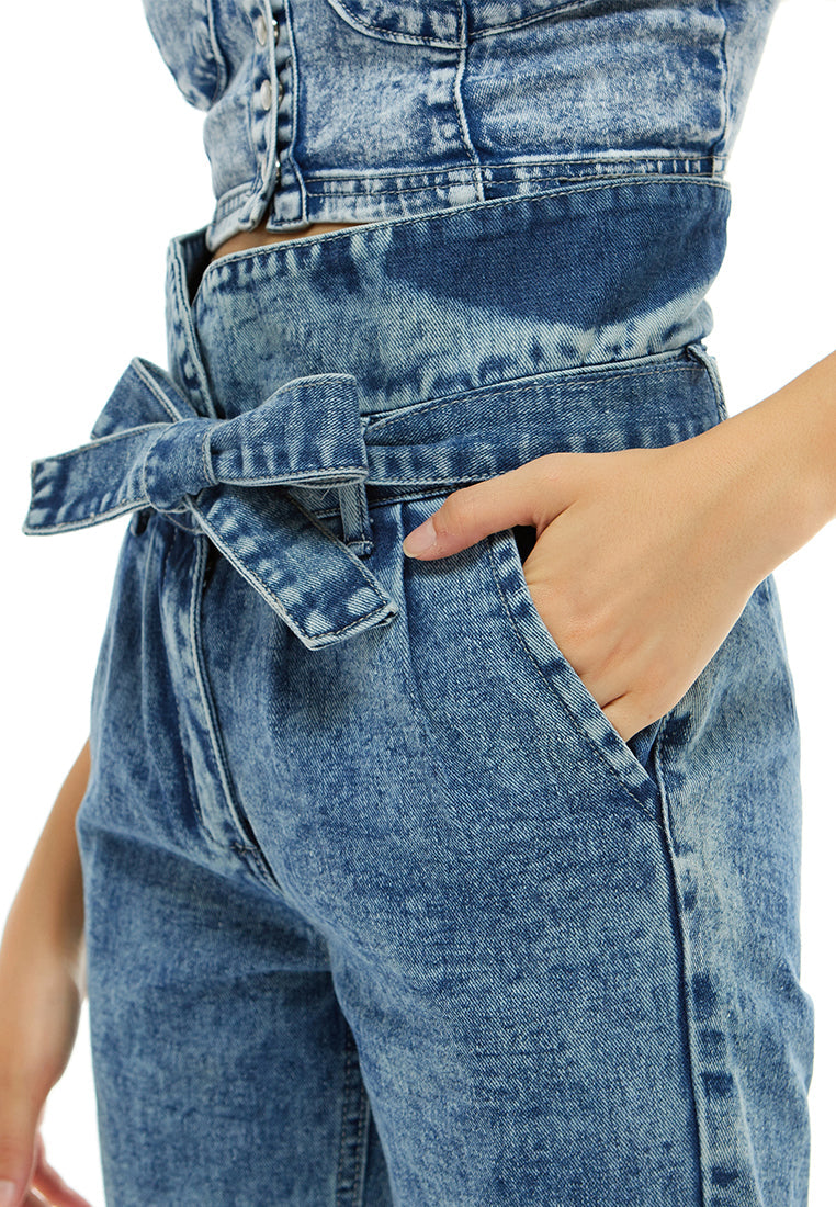 paper bag bow tie denim bicycle shorts#color_blue