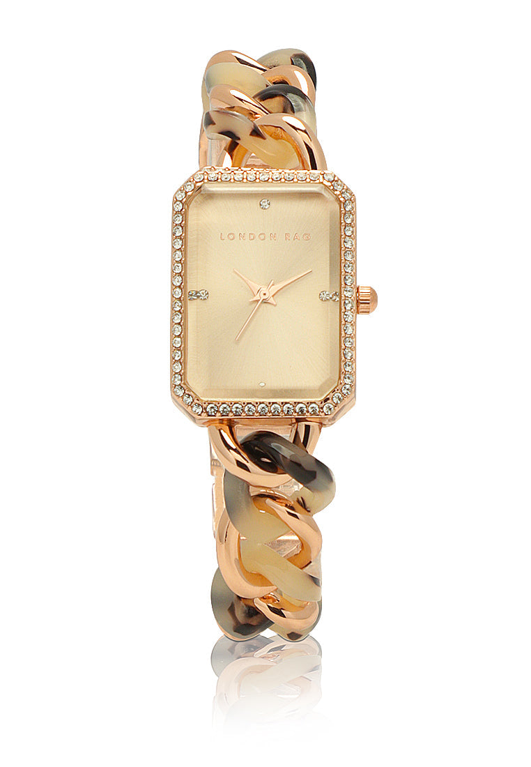 white gold rectangular dial women's watch#color_brown-rose-golden