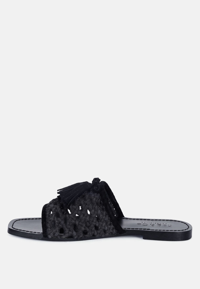 cedar handwoven natural tassel flats by ruw#color_black
