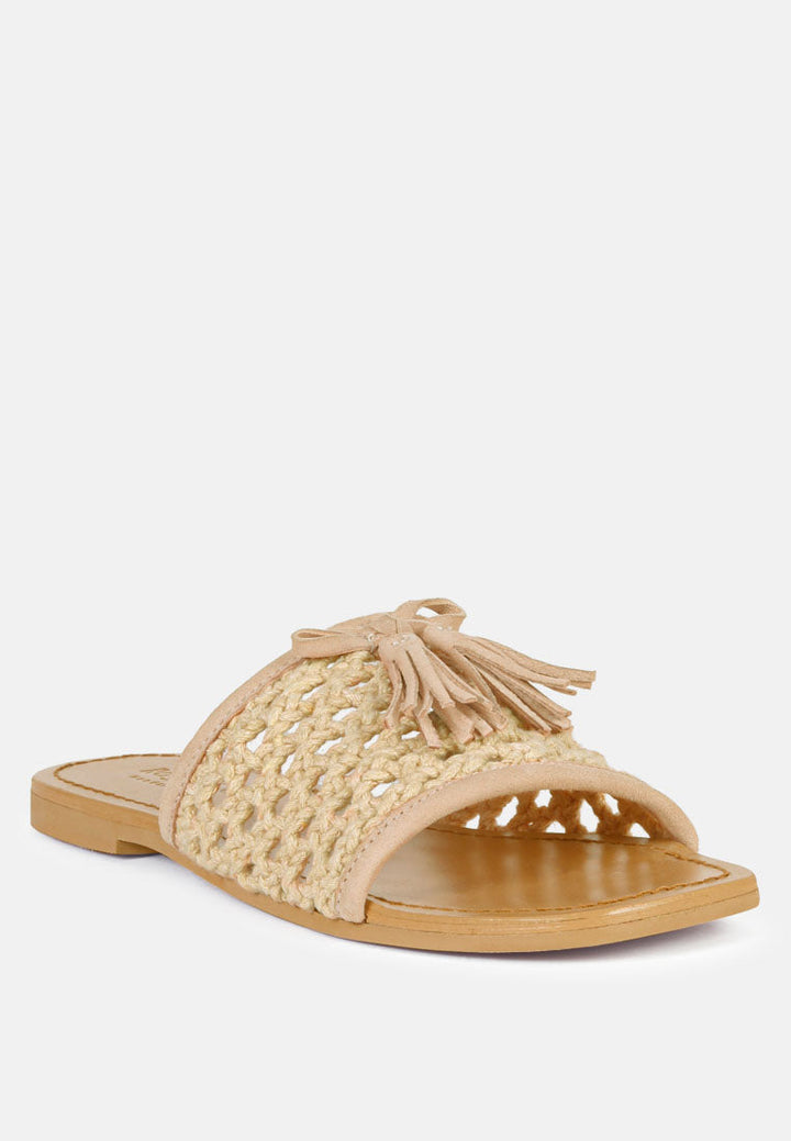 cedar handwoven natural tassel flats by ruw#color_latte