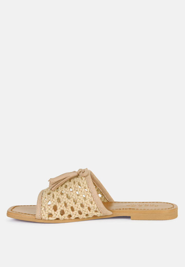 cedar handwoven natural tassel flats by ruw#color_latte