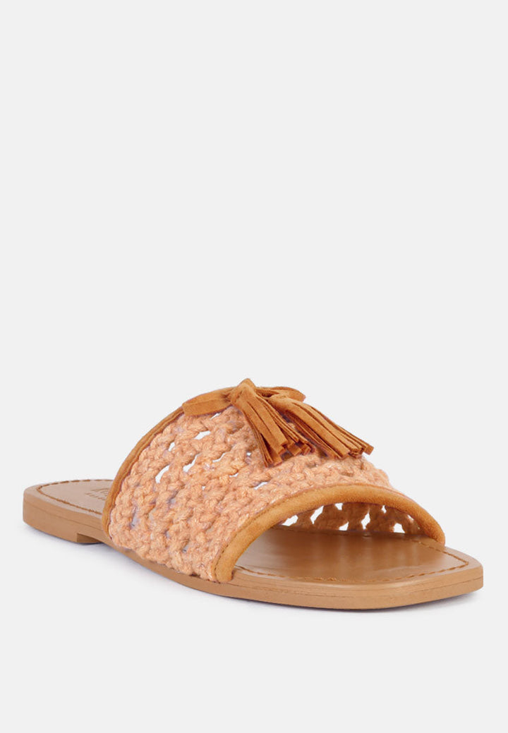 cedar handwoven natural tassel flats by ruw#color_tan