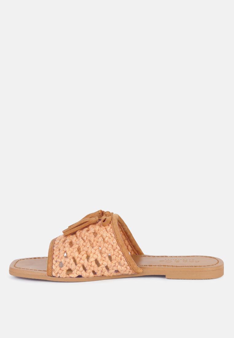 cedar handwoven natural tassel flats by ruw#color_tan
