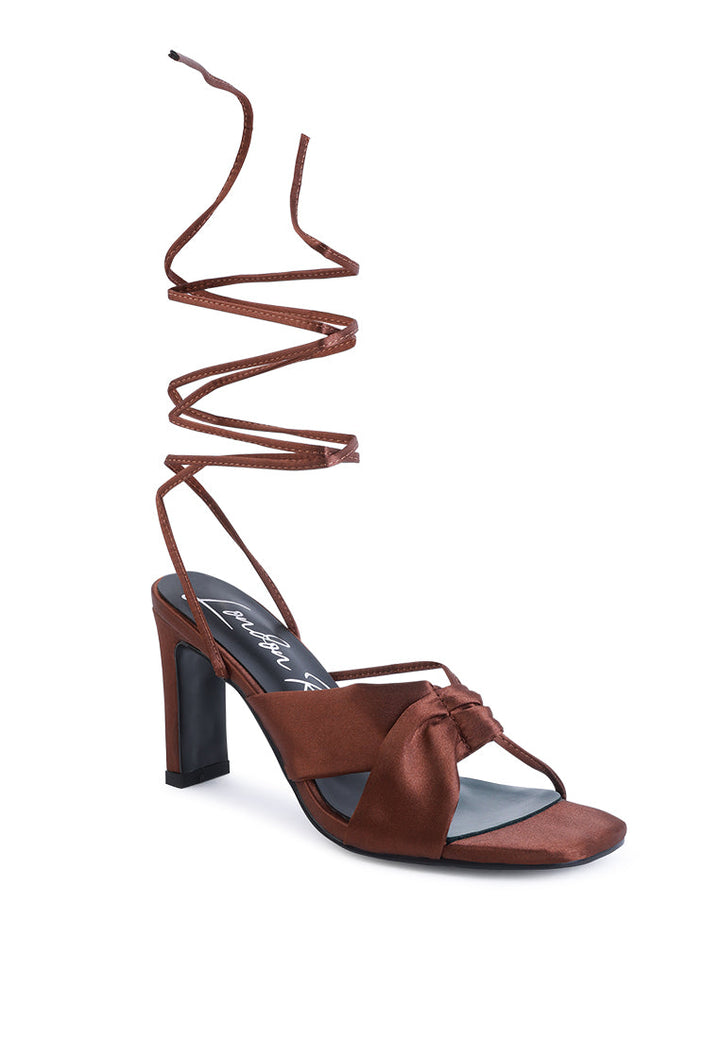 chasm satin ruched strap tie up sandals by ruw#color_brown