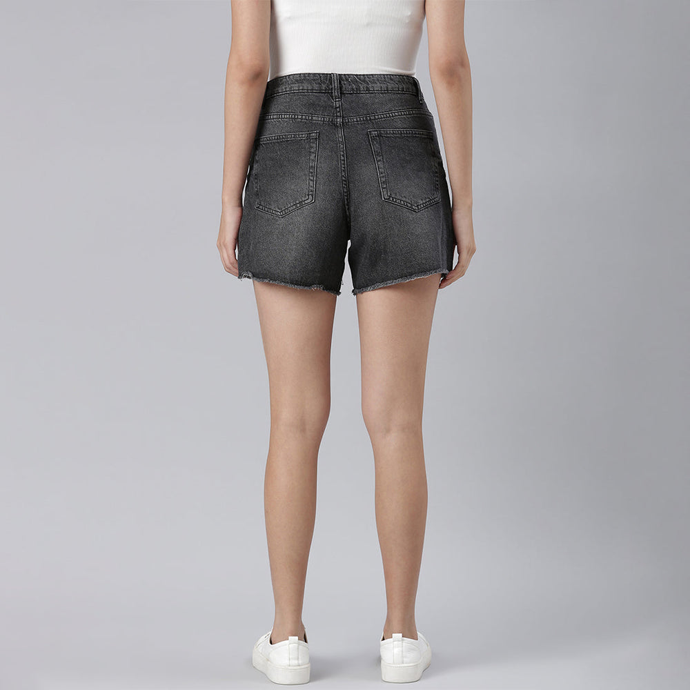 grey acid wash raw hem jeans shorts#color_grey