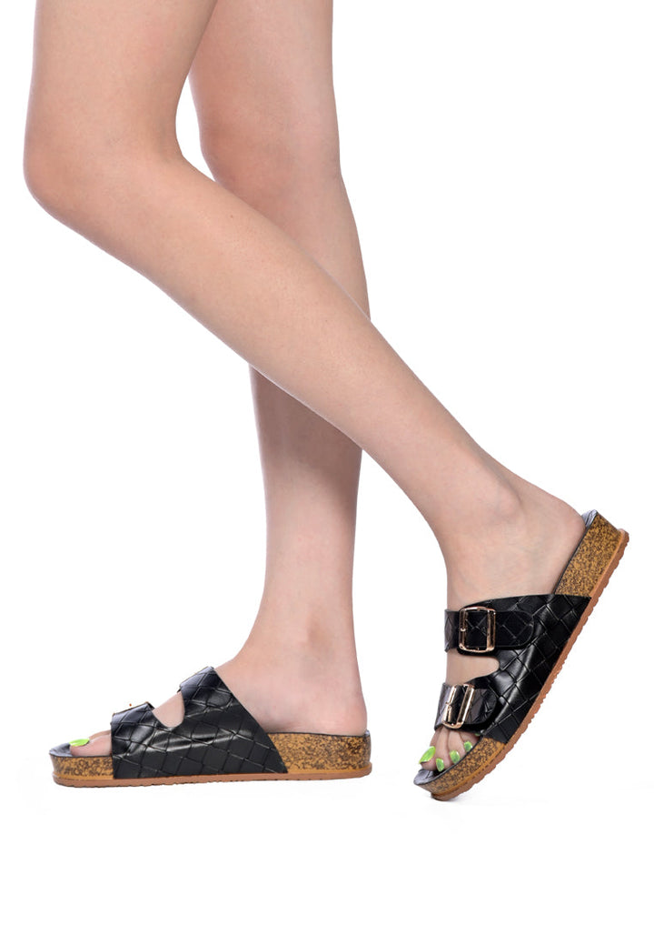 wolph buckled strap croc platform slides#color_black