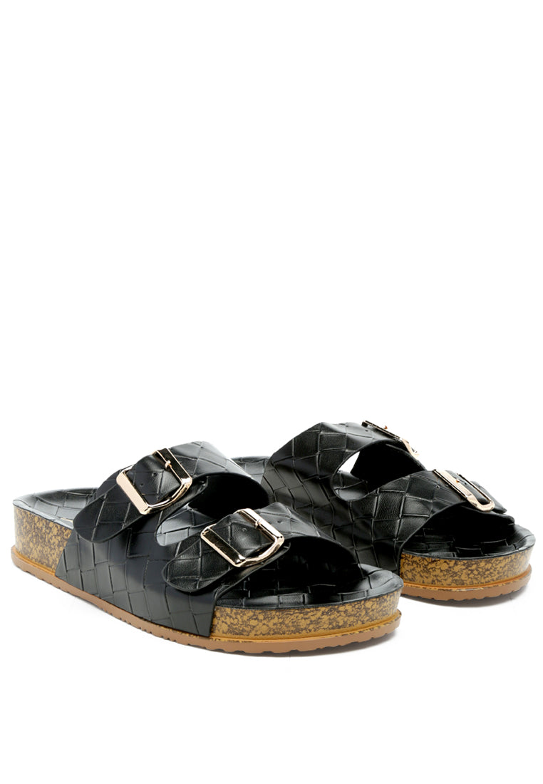 wolph buckled strap croc platform slides#color_black