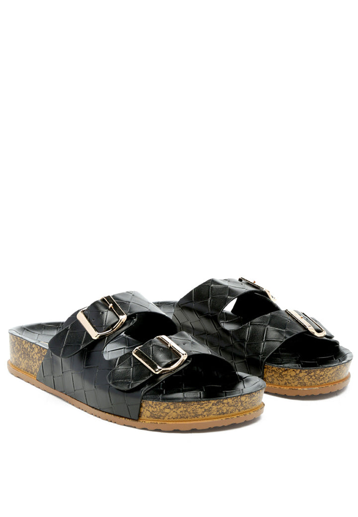 wolph buckled strap croc platform slides#color_black