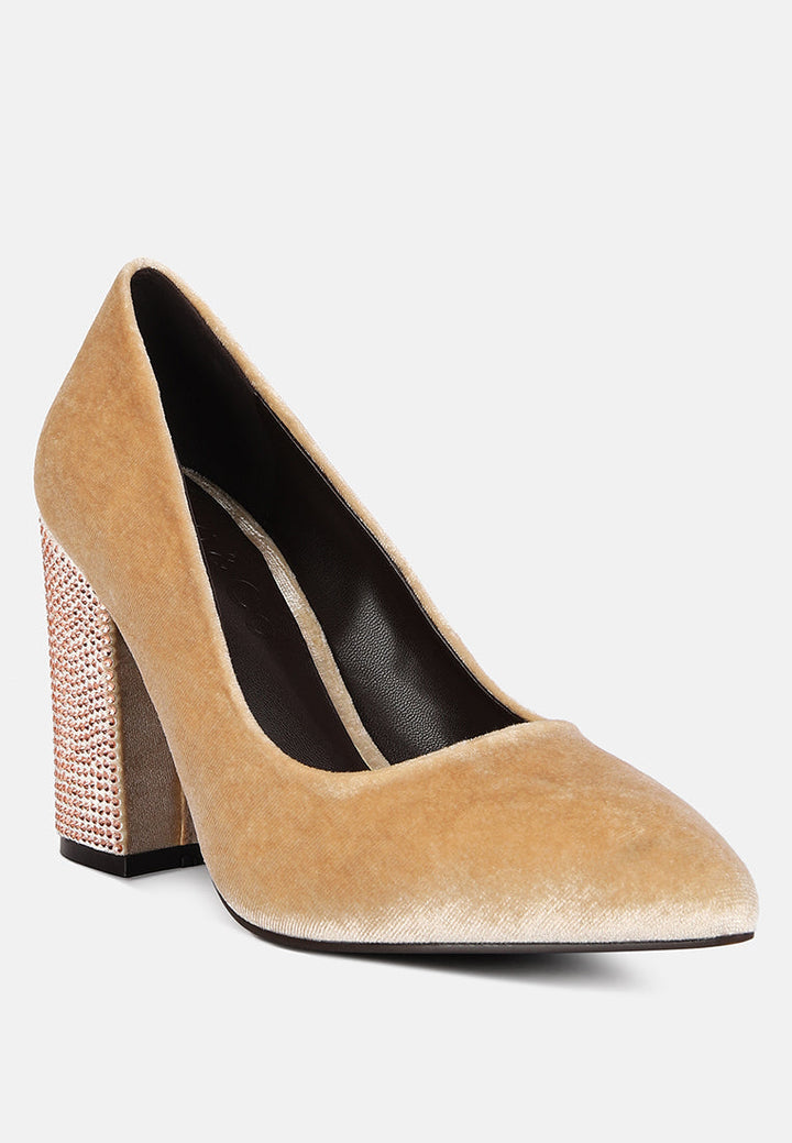 cyber-girl rhinestone block heeled pumps by ruw#color_champagne
