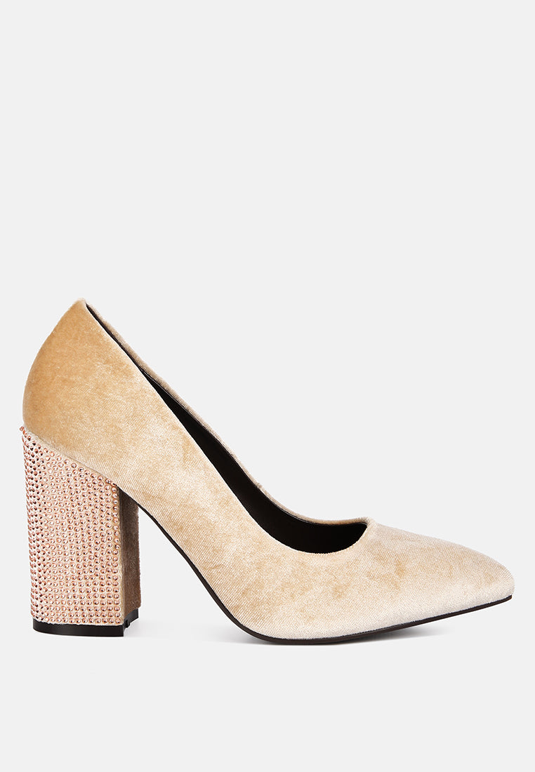 cyber-girl rhinestone block heeled pumps by ruw#color_champagne