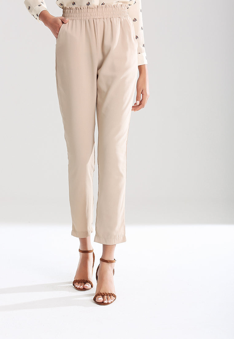 smock waist straight cut trousers#color_beige