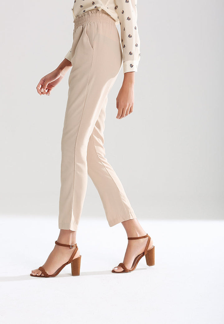 smock waist straight cut trousers#color_beige