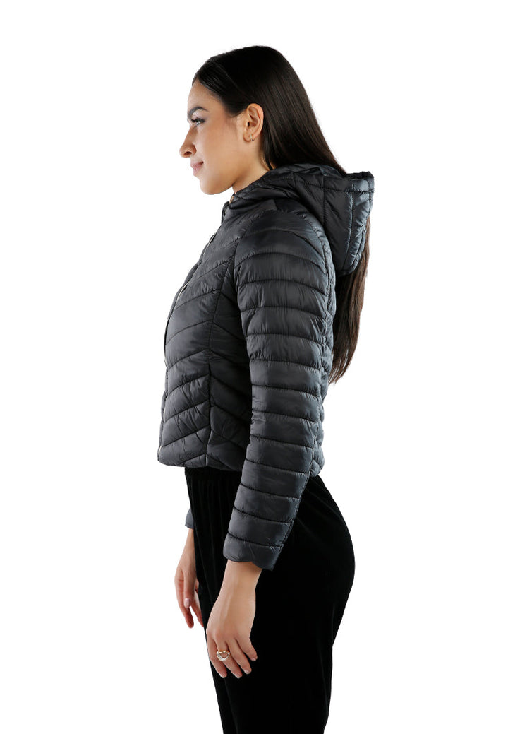 chevron pattern puffer hoodie#color_black