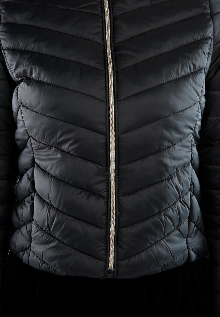 chevron pattern puffer hoodie#color_black