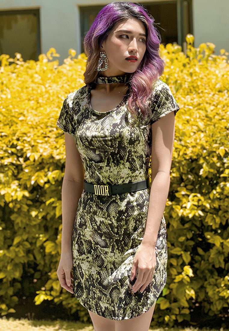 choker neck mini dress#color_moss-green