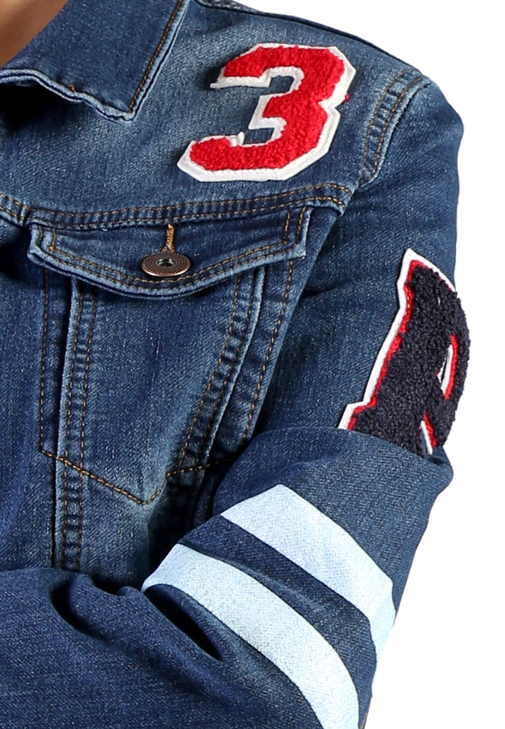 denim jacket with patch graphic detail#color_dark-blue