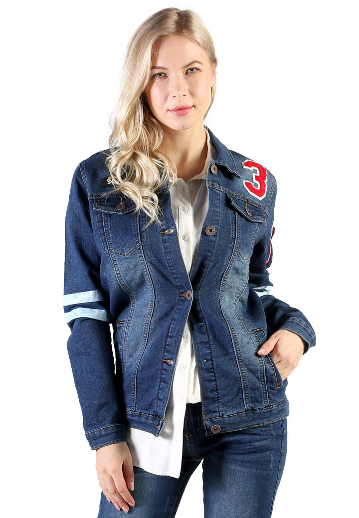 denim jacket with patch graphic detail#color_dark-blue