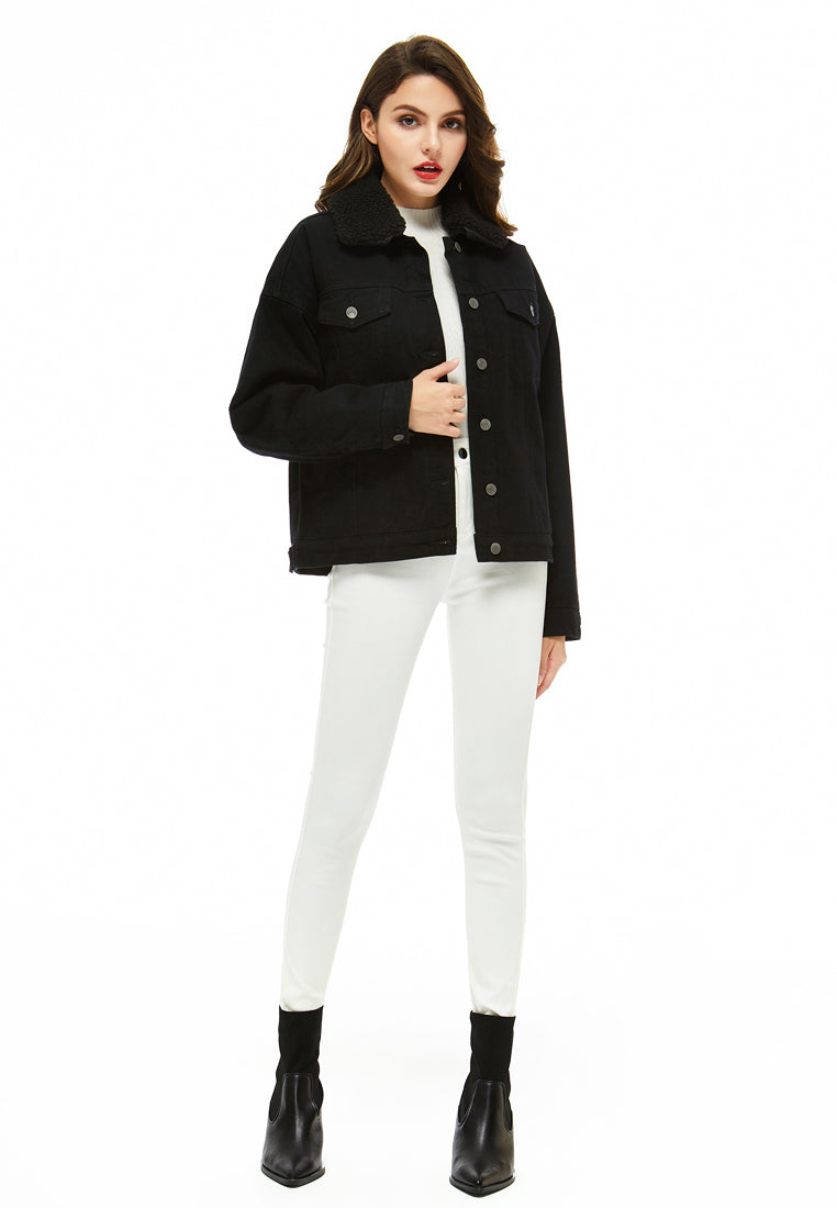 solid borg collar jacket#color_black