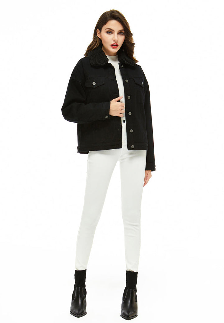 solid borg collar jacket#color_black