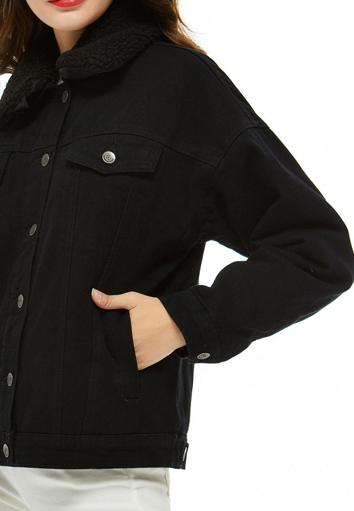 solid borg collar jacket#color_black