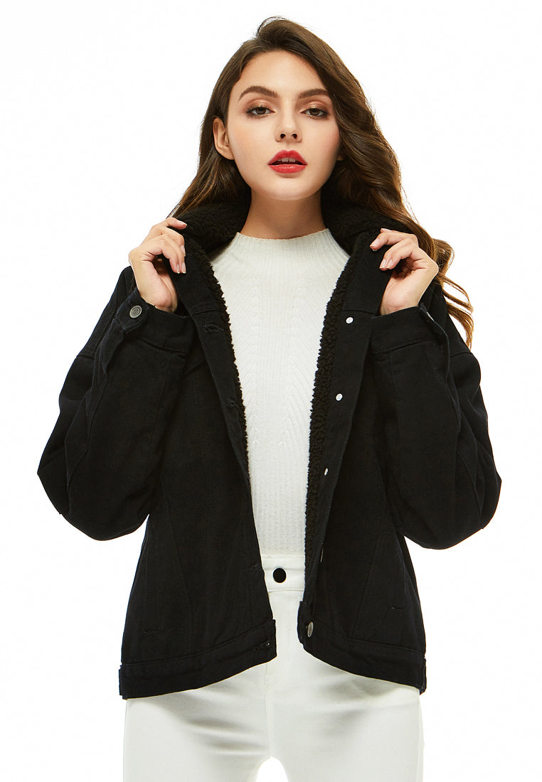 solid borg collar jacket#color_black