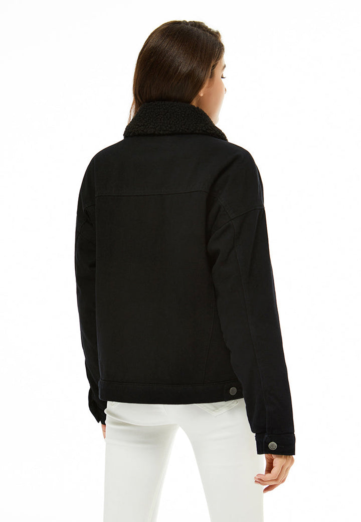 solid borg collar jacket#color_black