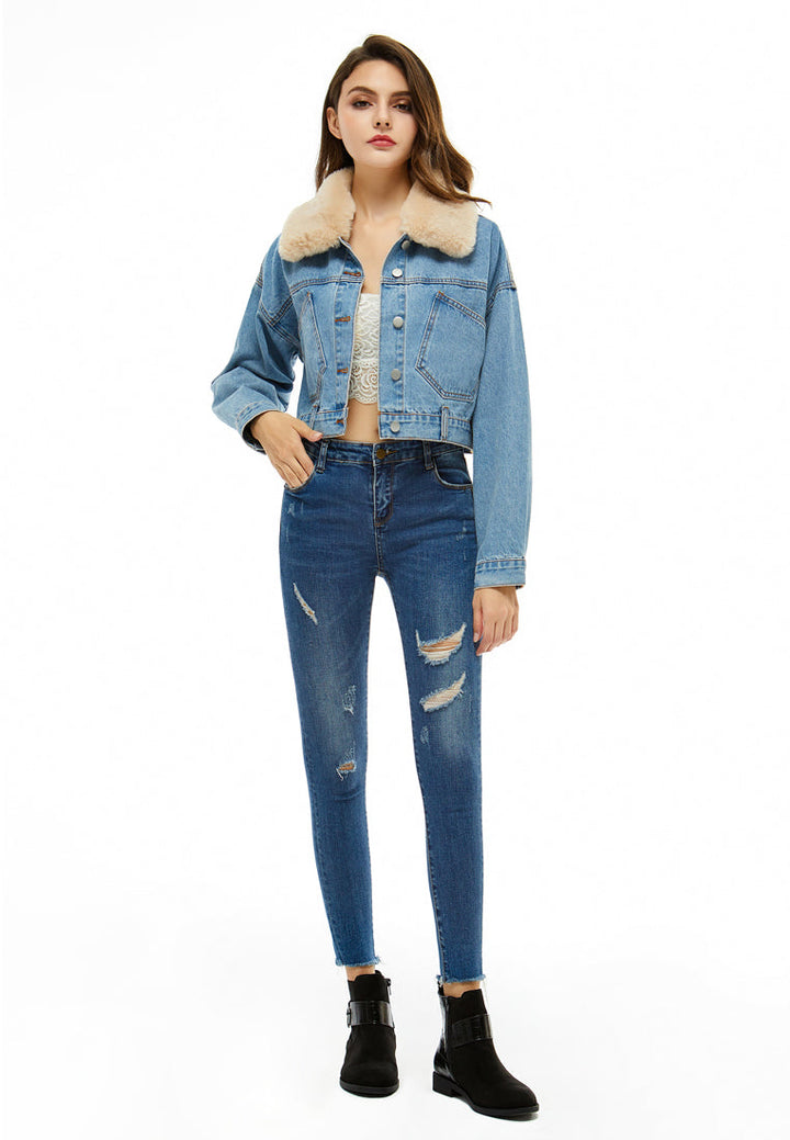 detachable borg collar crop jacket#color_blue