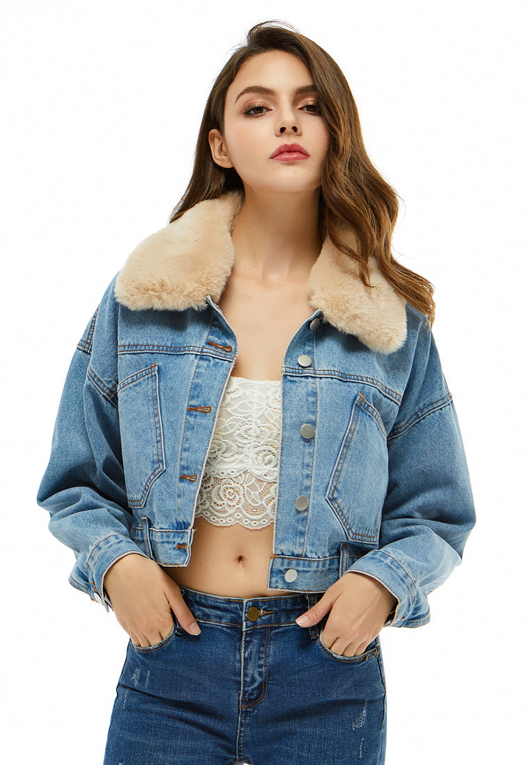detachable borg collar crop jacket#color_blue