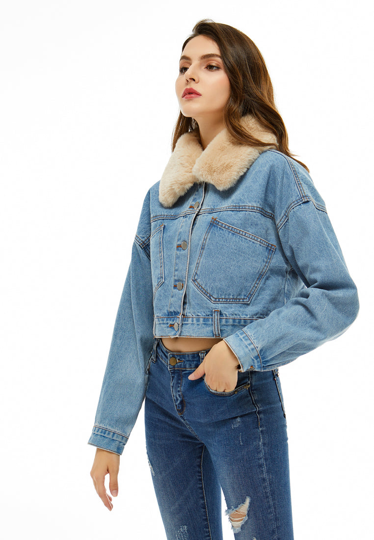 detachable borg collar crop jacket#color_blue