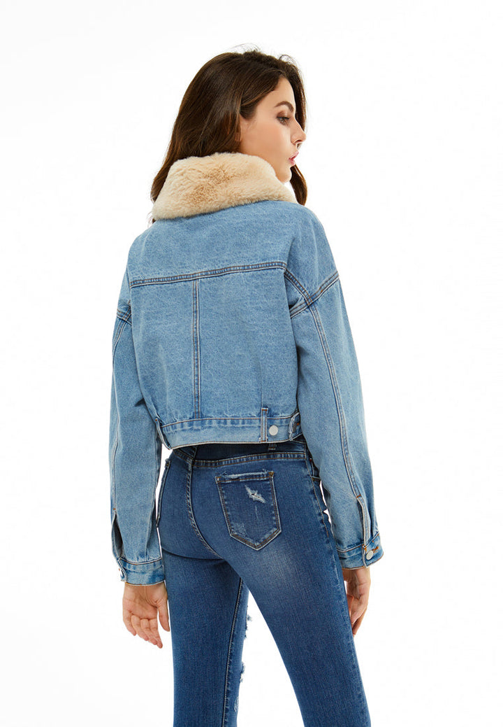detachable borg collar crop jacket#color_blue