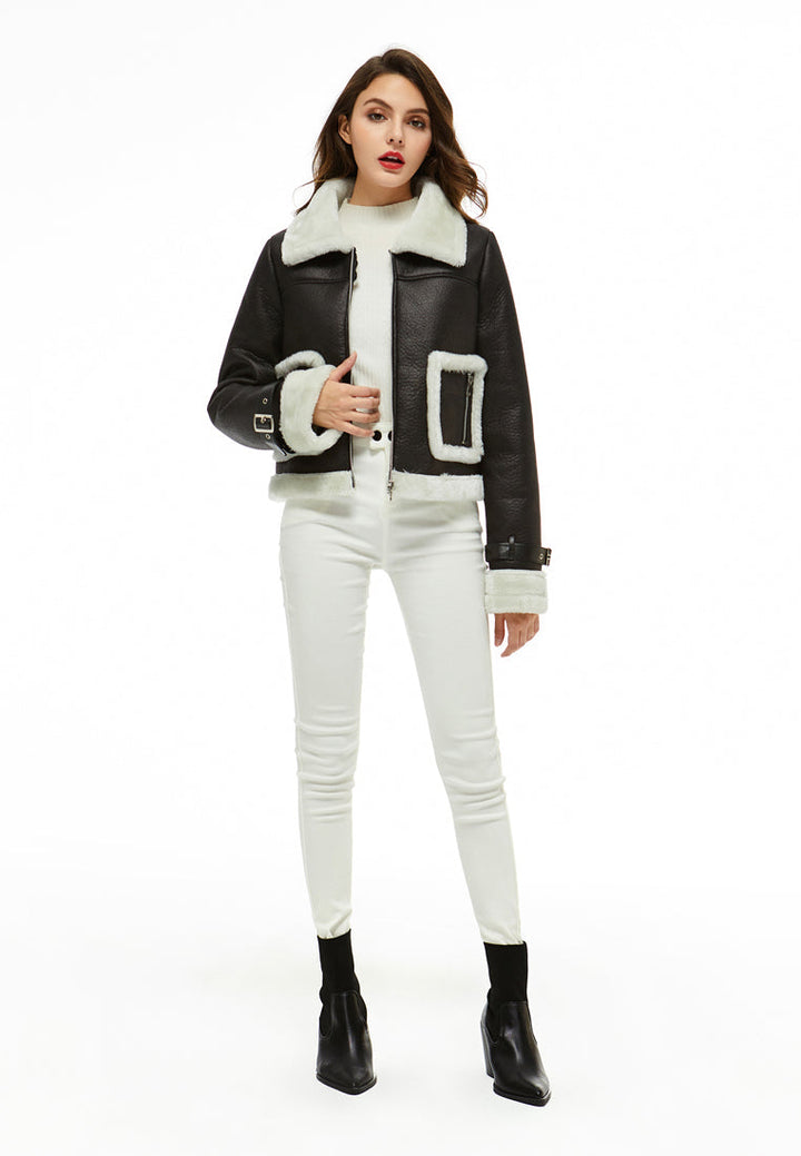 faux fur trucker jacket#color_black